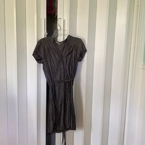 a charcoal gray dress with tie belt